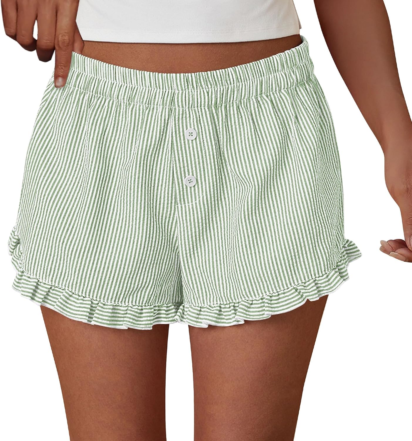 PRETTYGARDEN Womens Boxer Shorts Striped Gingham Ruffle Pajama Bottoms | Elastic Waist, With Pockets, Plaid Shorts,Casual Lounge Sleep Pj Bottoms, Y2K Cute Summer Outfits for Beach Vacation