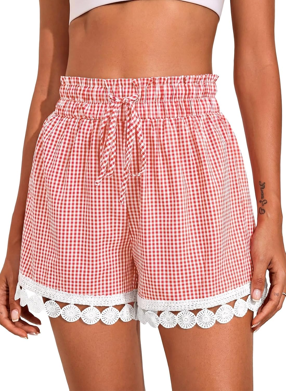 Dokotoo Womens Shorts Summer Casual Loose Elastic Waist Drawstring Lace Boho Beach Cover Up Shorts