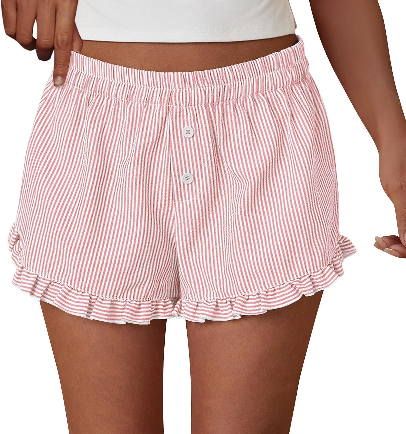 PRETTYGARDEN Womens Boxer Shorts Striped Gingham Ruffle Pajama Bottoms | Elastic Waist, With Pockets, Plaid Shorts,Casual Lounge Sleep Pj Bottoms, Y2K Cute Summer Outfits for Beach Vacation