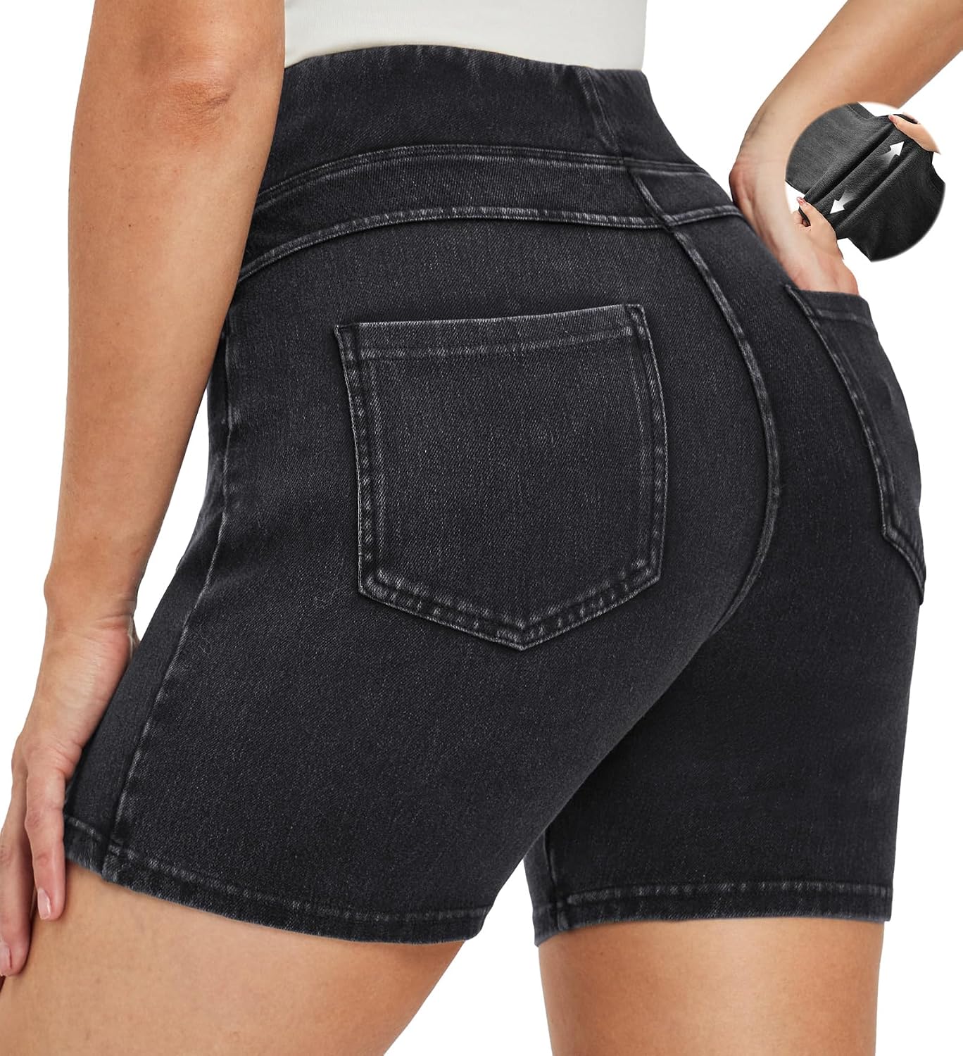 Stretchy Jean Shorts Womens Denim Shorts High Waisted Pull On Jorts Pockets | Tummy Control, No Zipper, 5" Inseam, 4 Deep Pockets, 4-Way Stretch, Lightweight, Summer, Travel, Casual, Vacations, Weekends