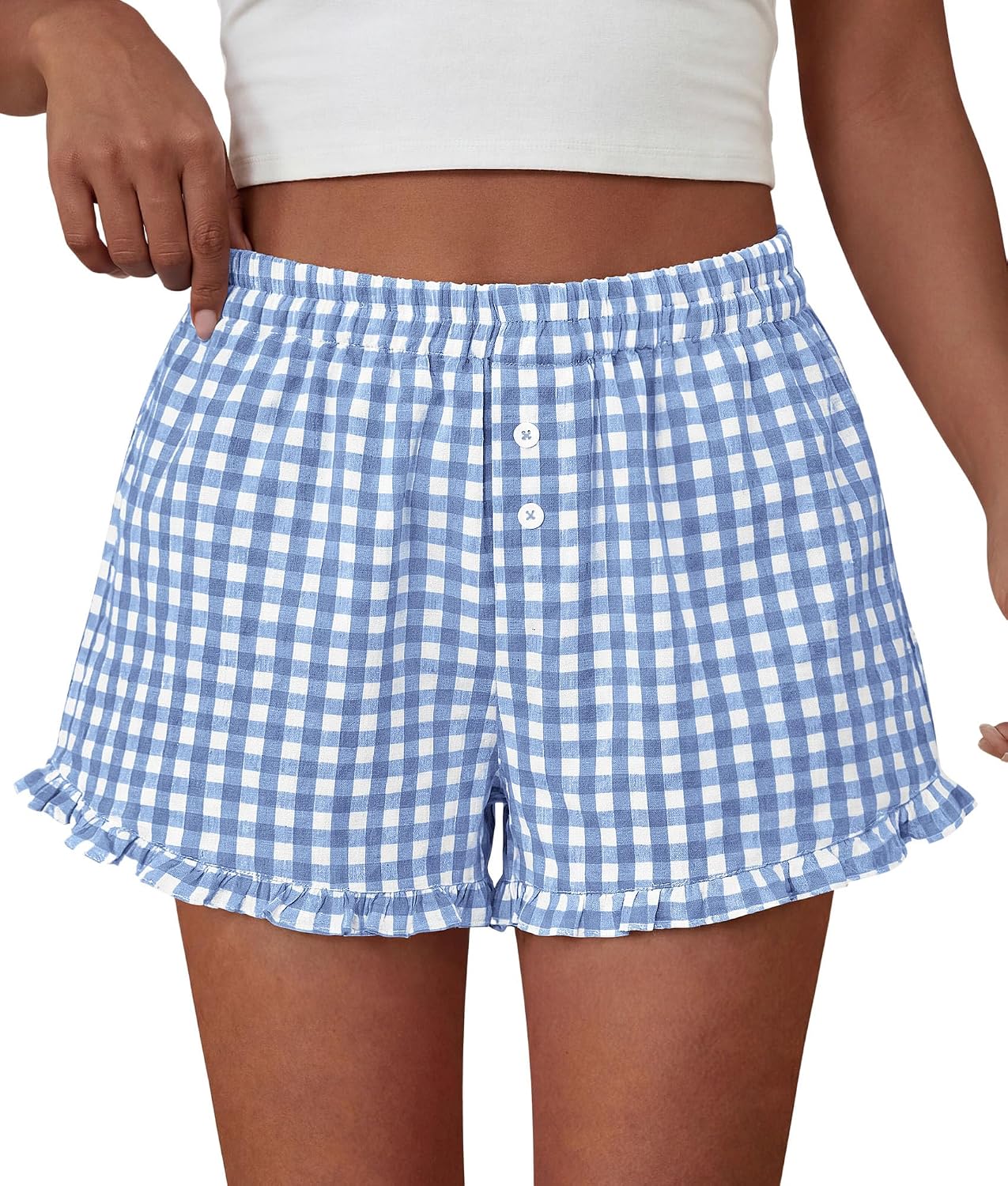 PRETTYGARDEN Womens Boxer Shorts Striped Gingham Ruffle Pajama Bottoms | Elastic Waist, With Pockets, Plaid Shorts,Casual Lounge Sleep Pj Bottoms, Y2K Cute Summer Outfits for Beach Vacation