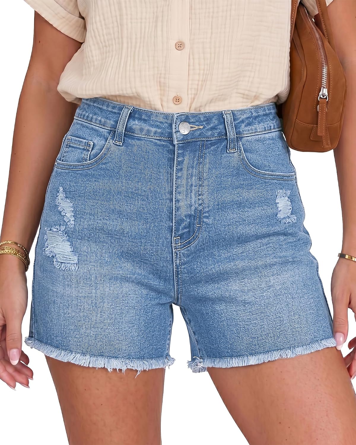 GRAPENT Jean Shorts Womens High Waisted Ripped Cut Off Stretchy Denim Jorts | High Waisted, Stretch, 4 Inch Inseam, Distressed, Denim Fabric, 5 Pockets, Fray Hem, Concert Outfits, Western Outfits