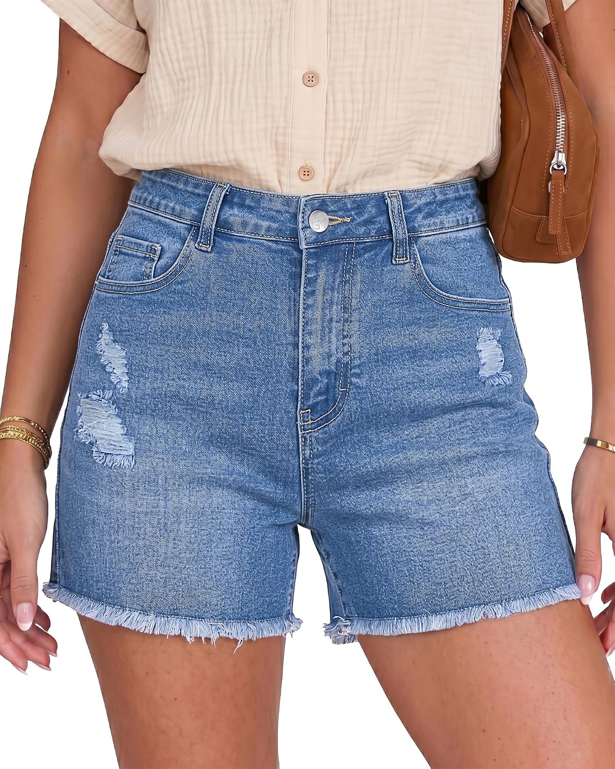 GRAPENT Jean Shorts Womens High Waisted Ripped Cut Off Stretchy Denim Jorts | High Waisted, Stretch, 4 Inch Inseam, Distressed, Denim Fabric, 5 Pockets, Fray Hem, Concert Outfits, Western Outfits