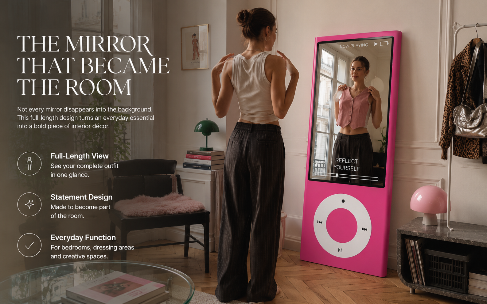 Full-length mirror showing complete head to toe outfit reflection