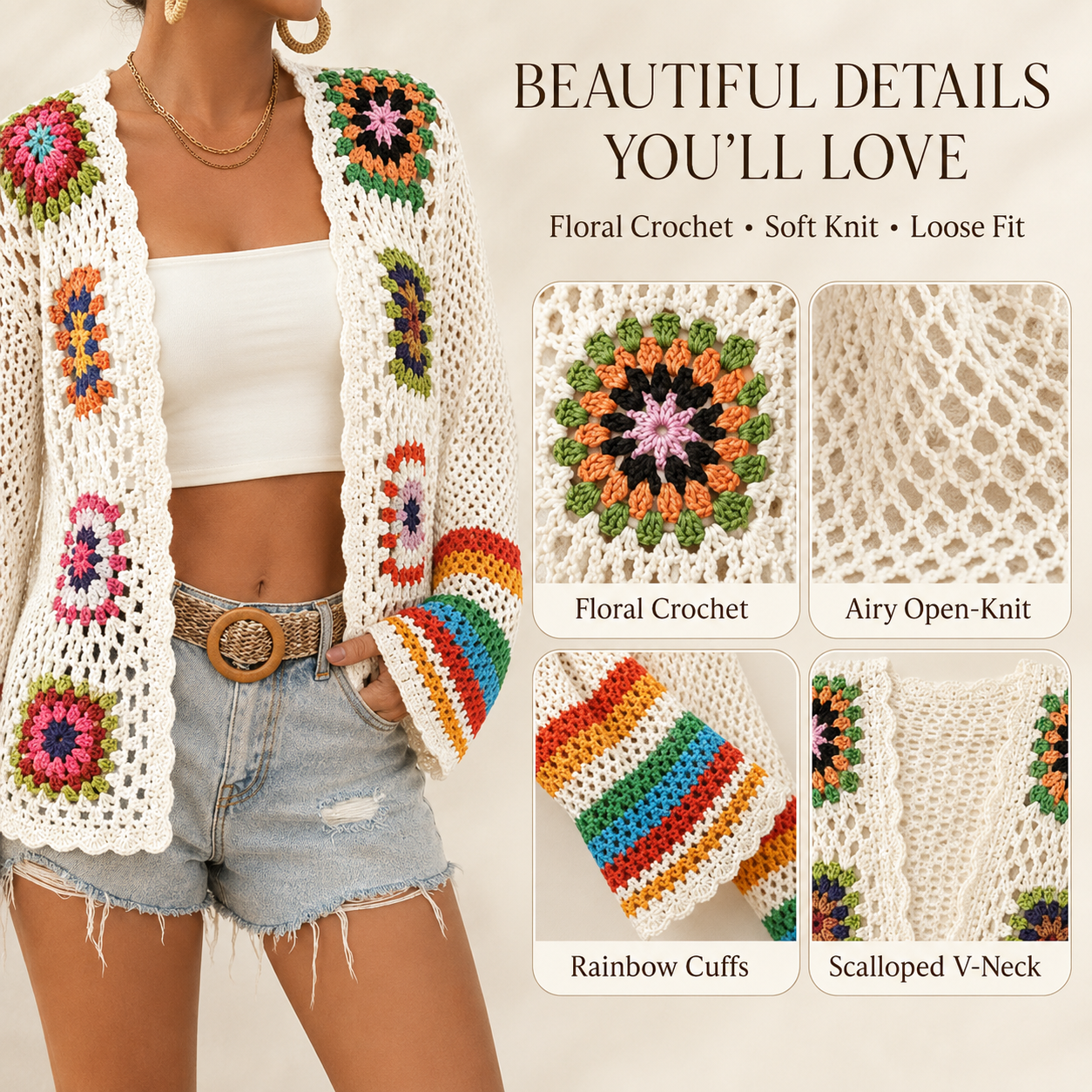 🌸 LAST DAY SALE 49% OFF ✨ Boho Floral Crochet Cardigan for Women 🤍