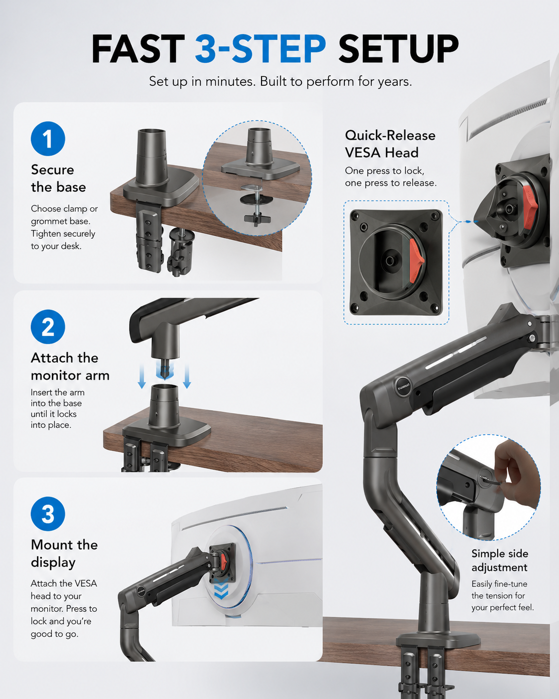 Three Step Monitor Arm Installation