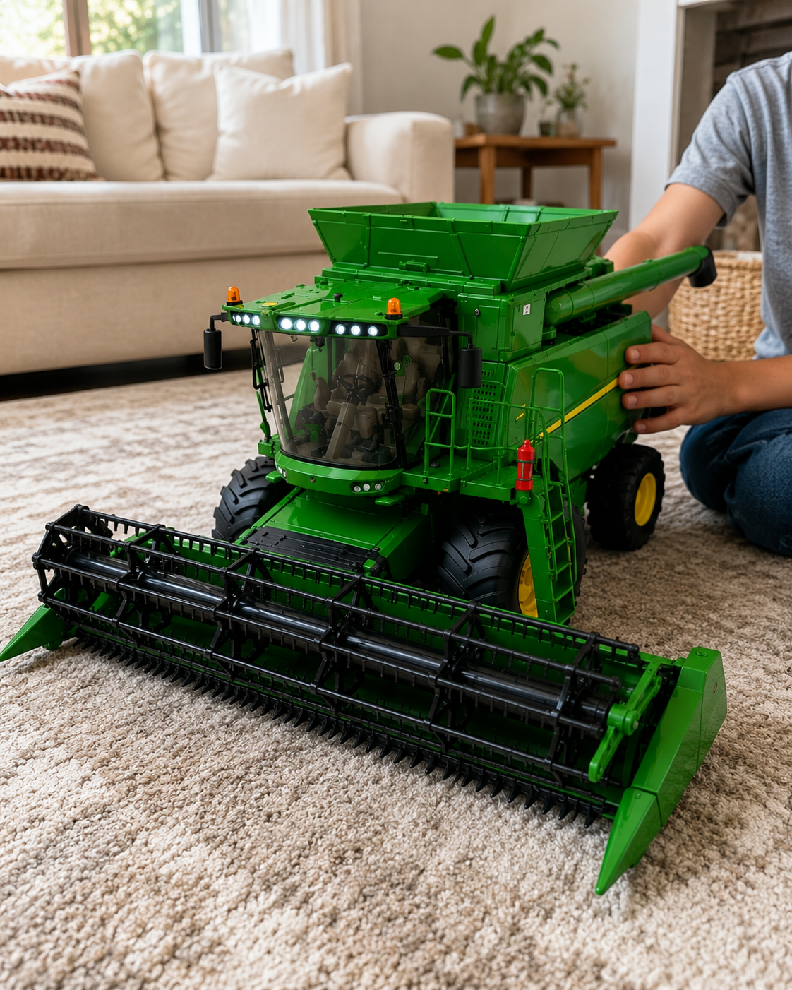 Customer holding RC combine harvester outdoors