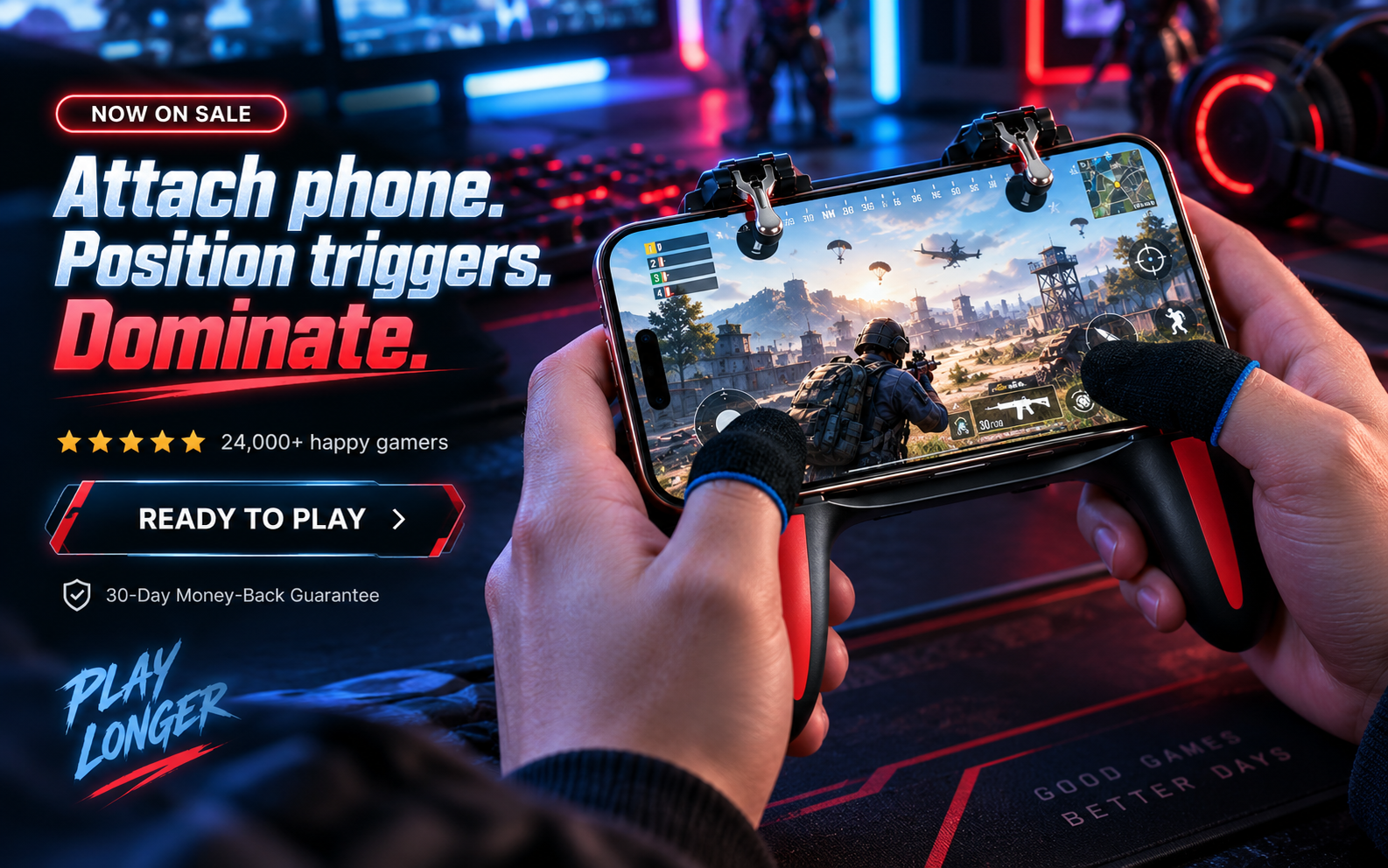 Mobile gaming grip with dual cooling fans and trigger paddles
