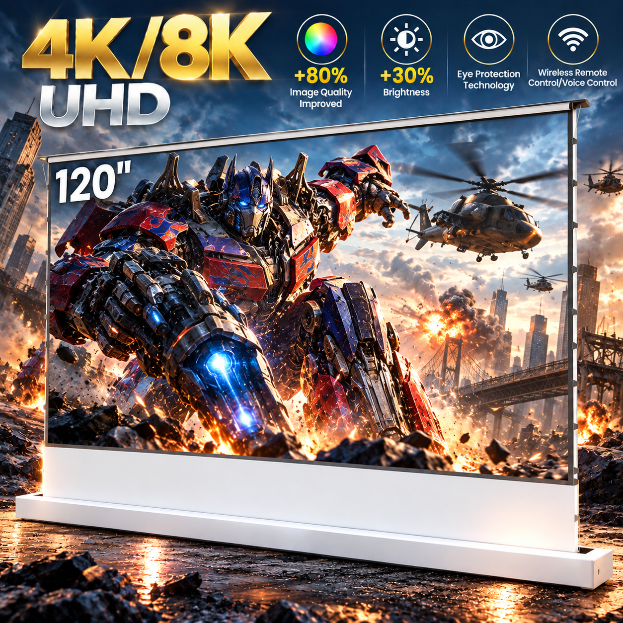 🔥 100" Electric Rising Projector Screen – 4K/8K Ultra HD, Matte White, Active 3D 🎬✨