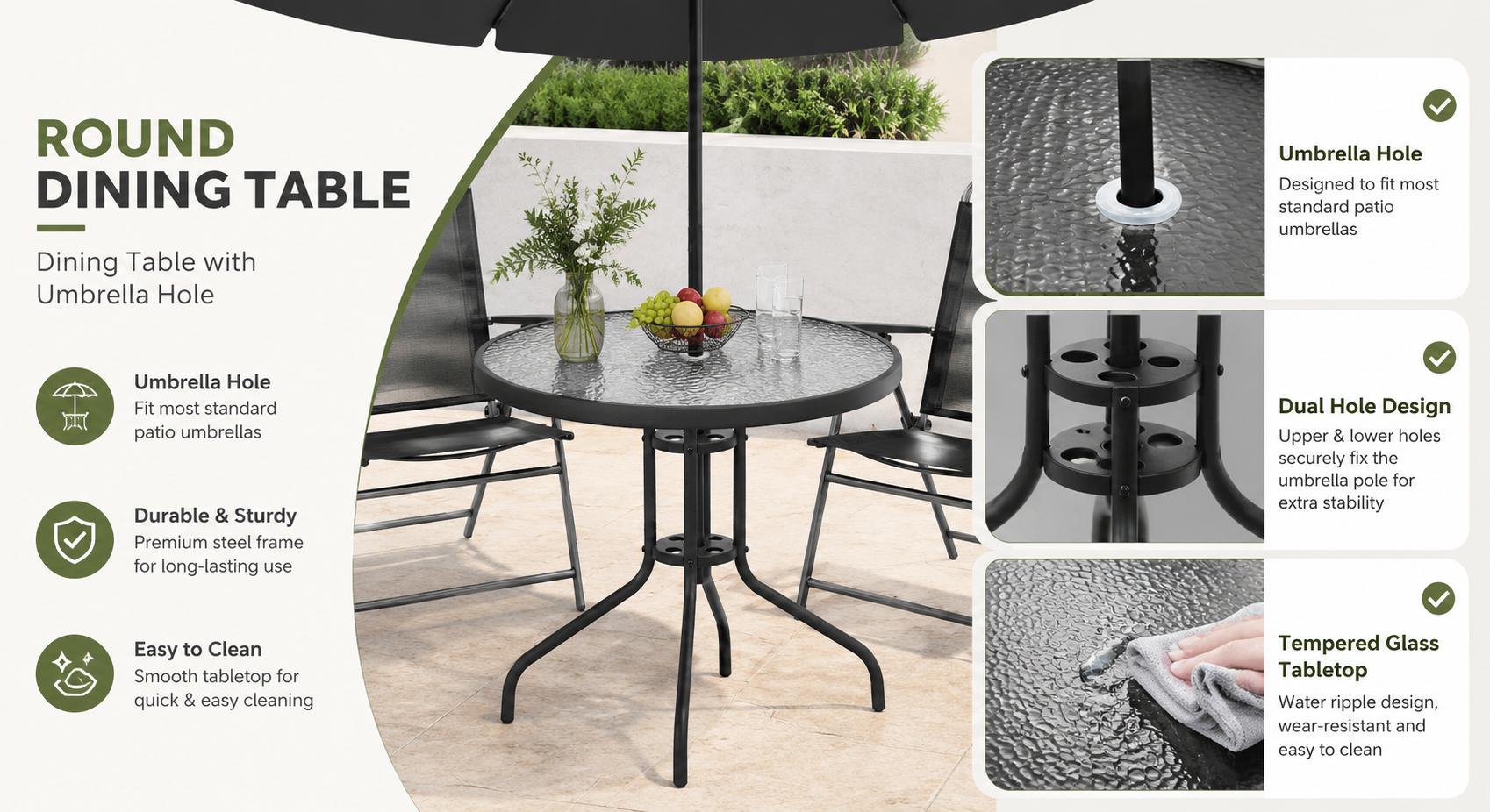 6 Piece Patio Dining Set for 4 with Umbrella, Outdoor Table and Chairs with 4 Folding Dining Chairs & Round Glass Table for Garden, Backyard and Poolside, Black and Coffee