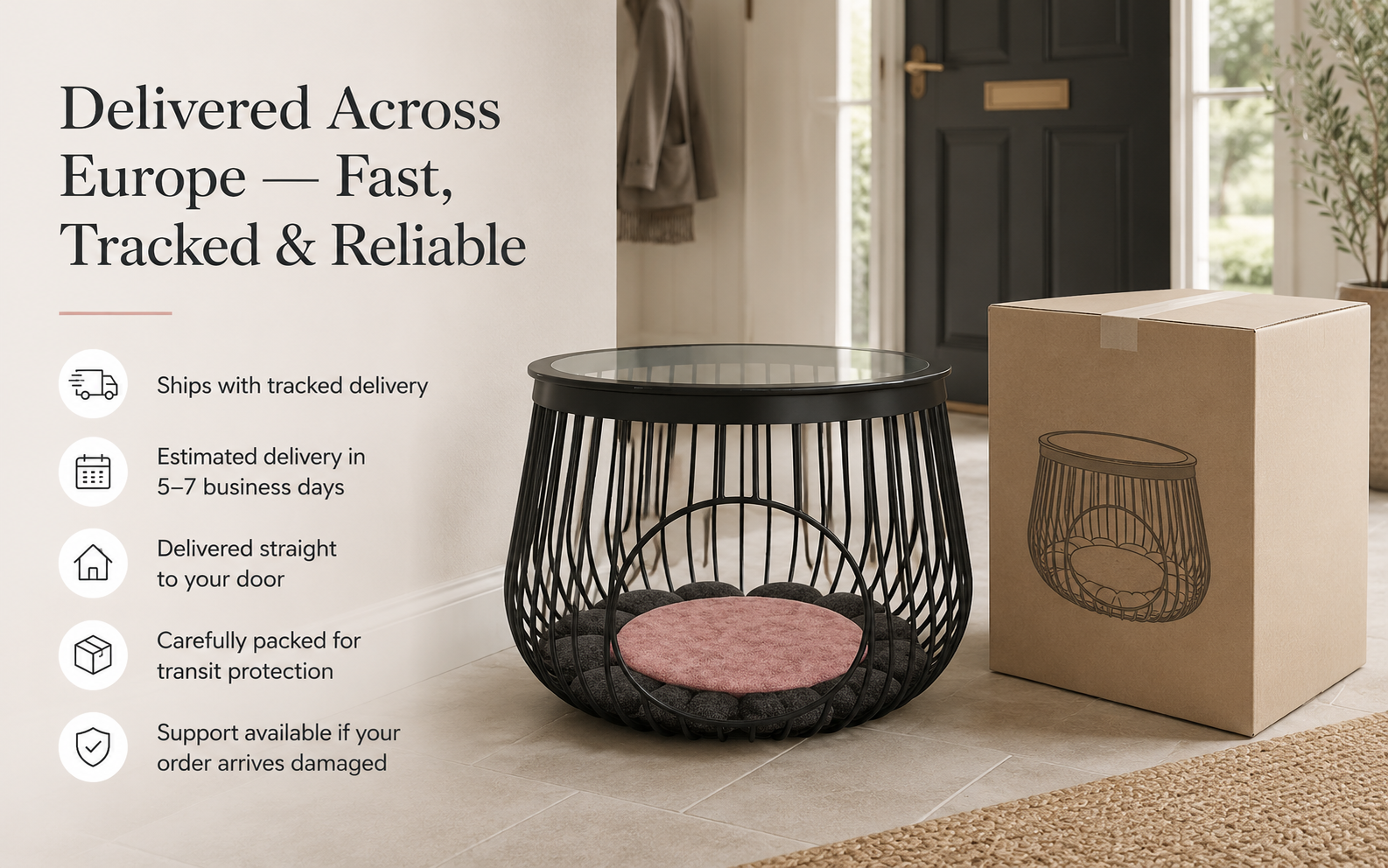 Woman sitting beside pet nest side table with cat resting inside