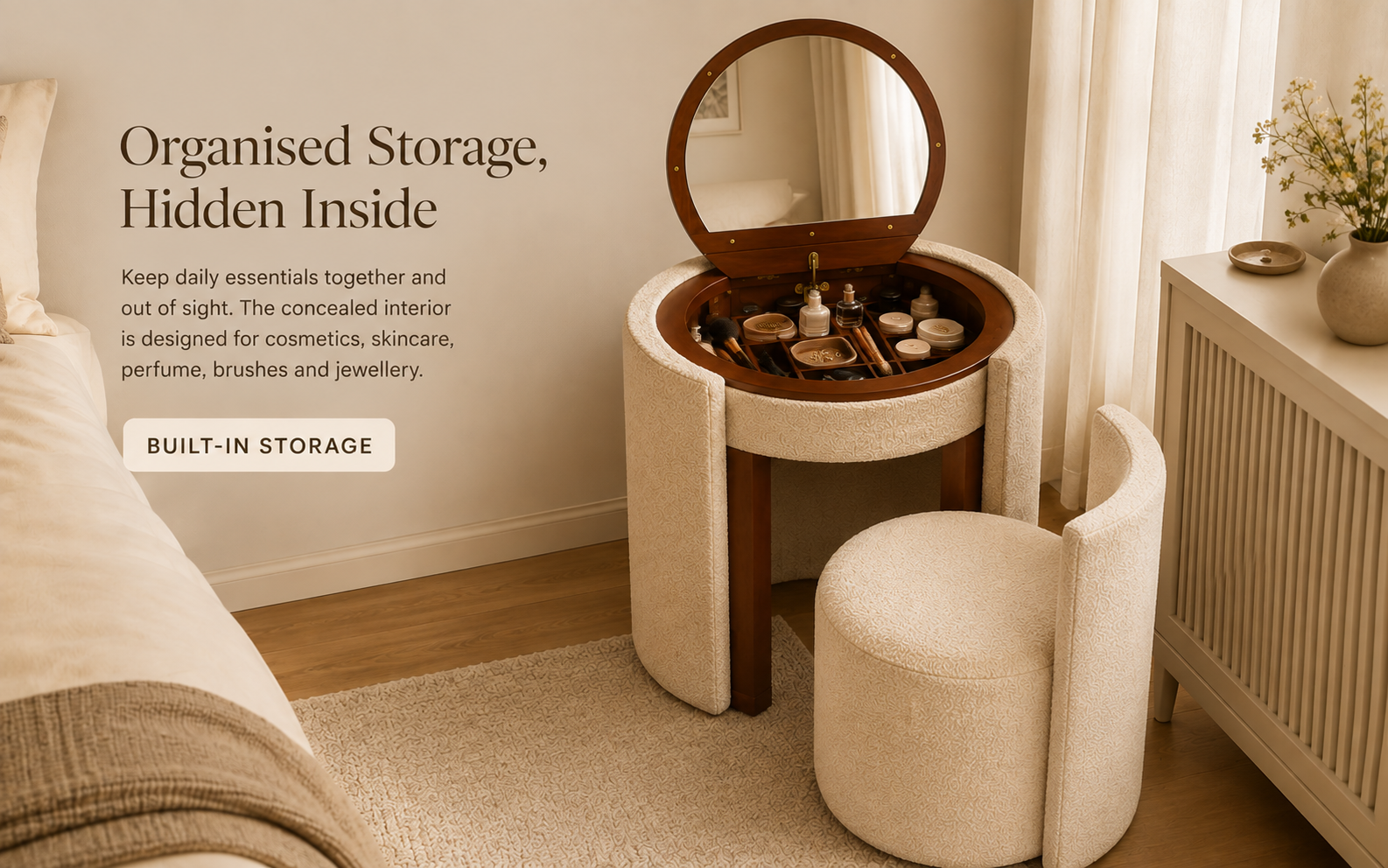 Soft upholstery and walnut toned wood detail