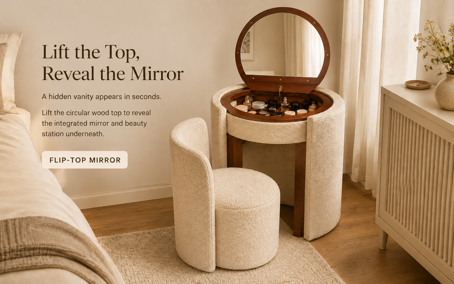 Flip top hidden mirror vanity