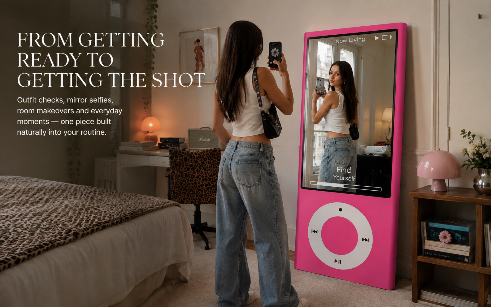 Young woman taking an outfit mirror selfie using full-length retro mirror