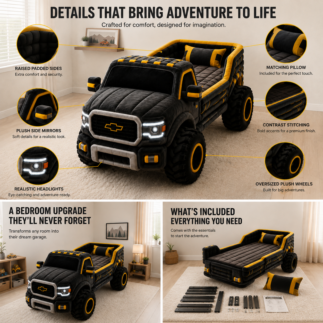 Children's bedroom transformation with plush truck bed