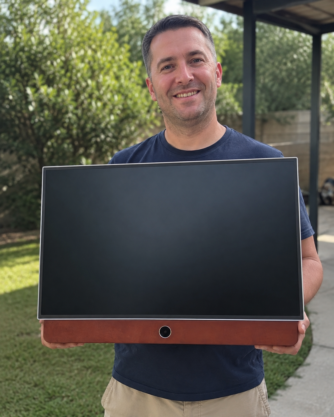 portable smart display being carried outdoors
