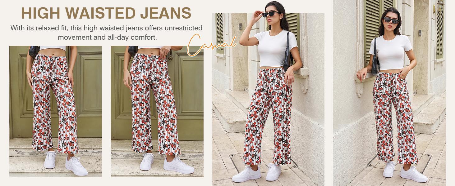 Cicy Bell Womens Cropped Striped Jeans Casual High Waisted Stretchy Polka Dots Straight Leg Denim Pants with Pockets