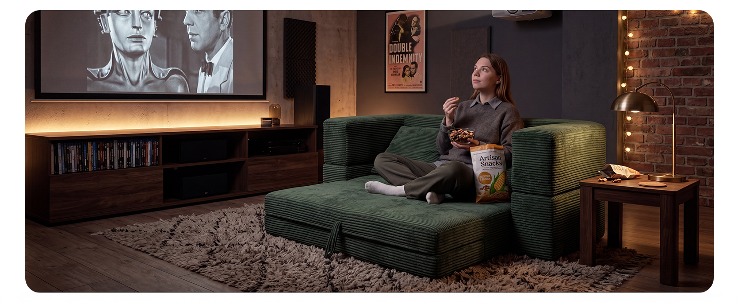 Sleeper sofa extended into a floor chaise lounge perfect for movie nights and relaxation.