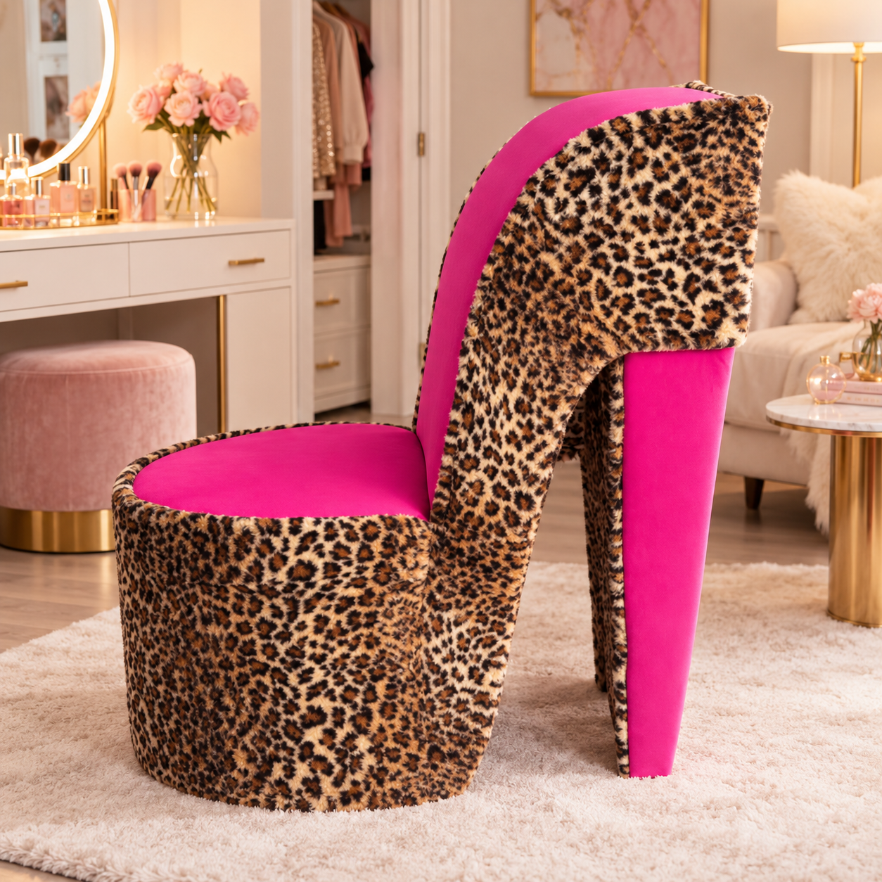 High Heel Shoe Accent Chair – Animal Print Statement Seating for Bedroom & Vanity