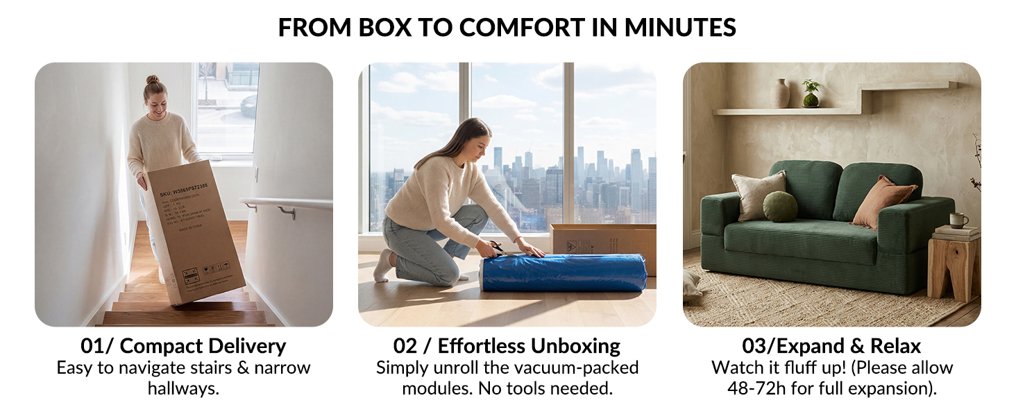 Portable sofa in a box being easily carried up stairs for dorms and narrow hallways.