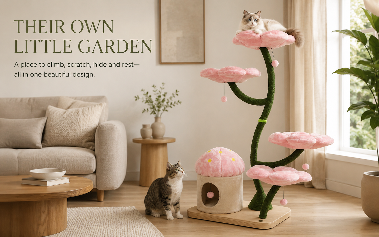 Four plush flower lounging platforms for cats