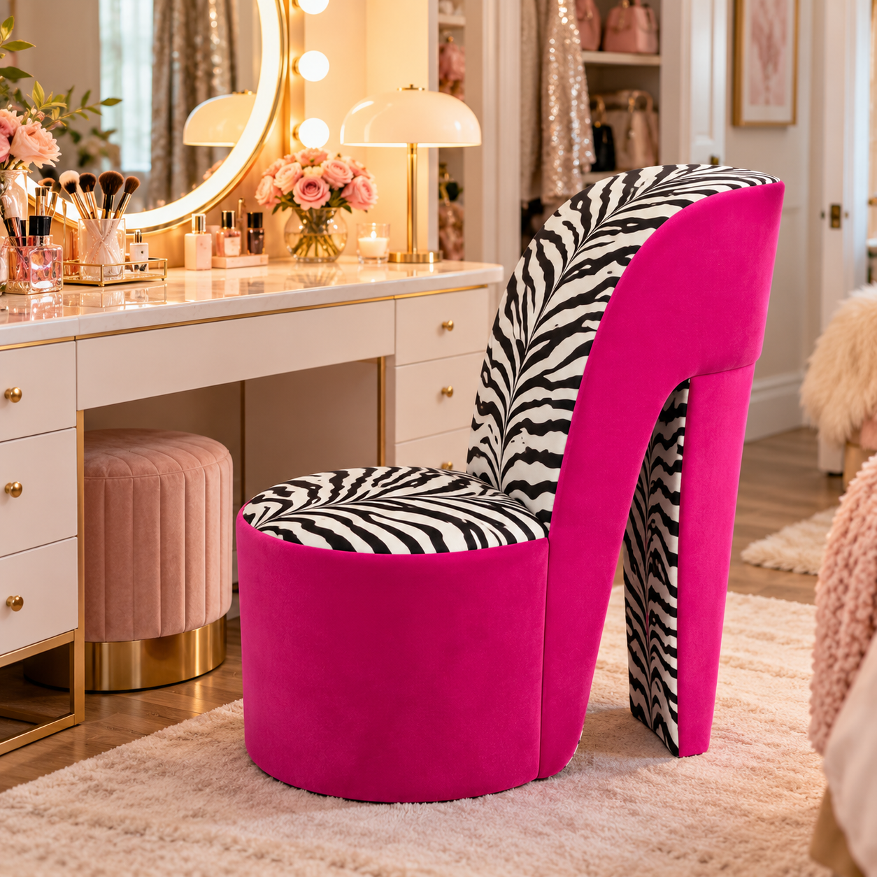 High Heel Shoe Accent Chair – Animal Print Statement Seating for Bedroom & Vanity