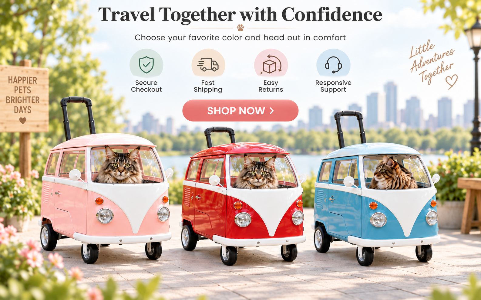 Retro bus rolling pet carrier call to action