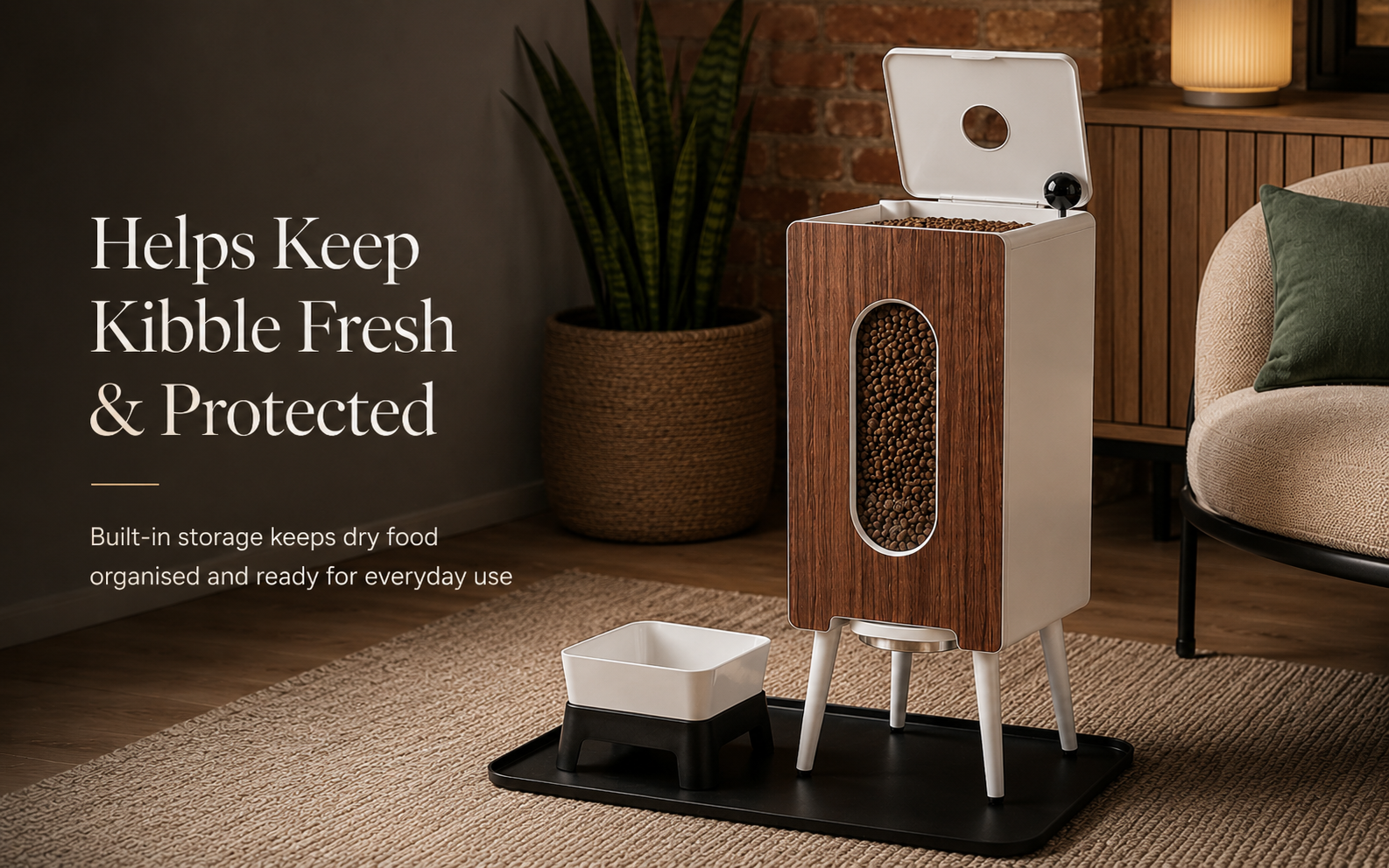 Built in kibble storage helps keep food organised