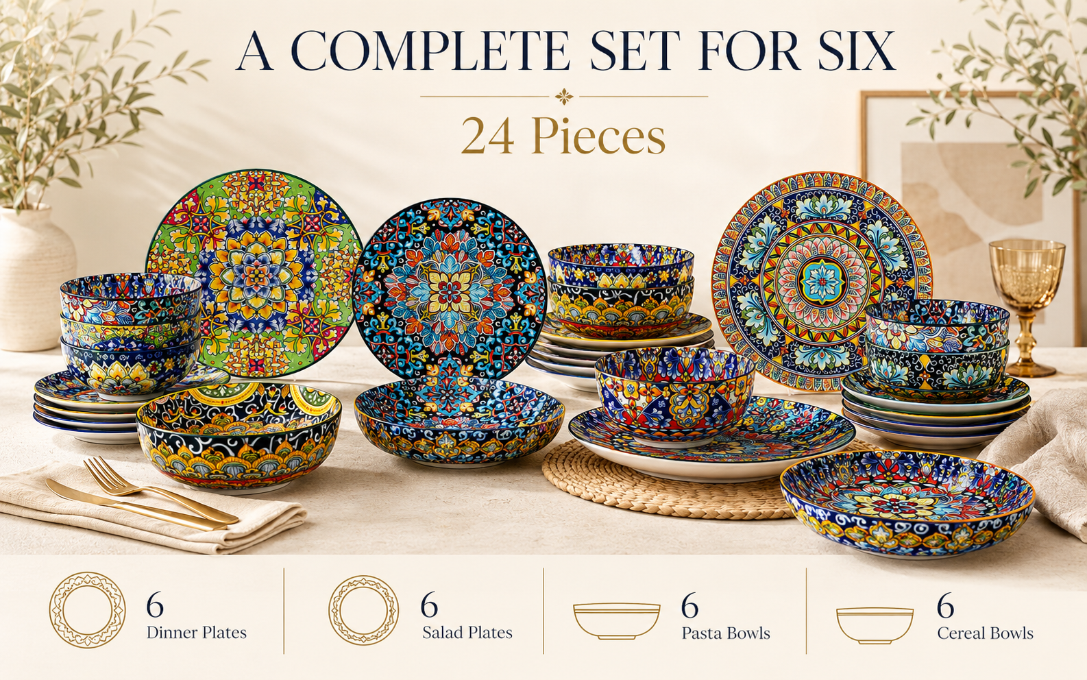 Colourful Bohemian porcelain dinnerware on a Mediterranean inspired dining table