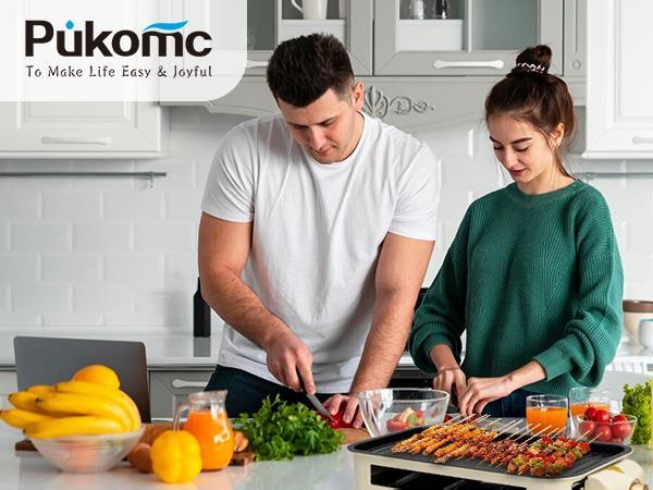 Pukomc 1500W Smokeless Grills - Electric Nonstick Griddle Grill with Extended Removable Plates, Adjustable Temp Control, 4 Mini Raclette Pans, Compact Apartment Kitchen Supply, Mess-Free Easy-Clean Accessory