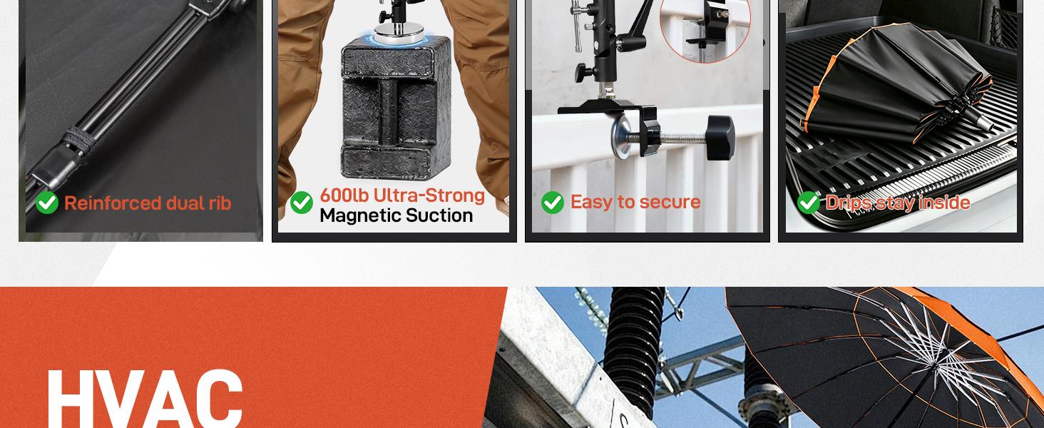 【Upgraded】60" Folding 16 Ribs Magnetic Umbrella,Designed for Outdoor Work,600lb Strong Suction Hvac Umbrella With Magnetic Base & Clamp,Inverted Ribs,2-in-1 Sun & Rain Protection,Portable for HVAC