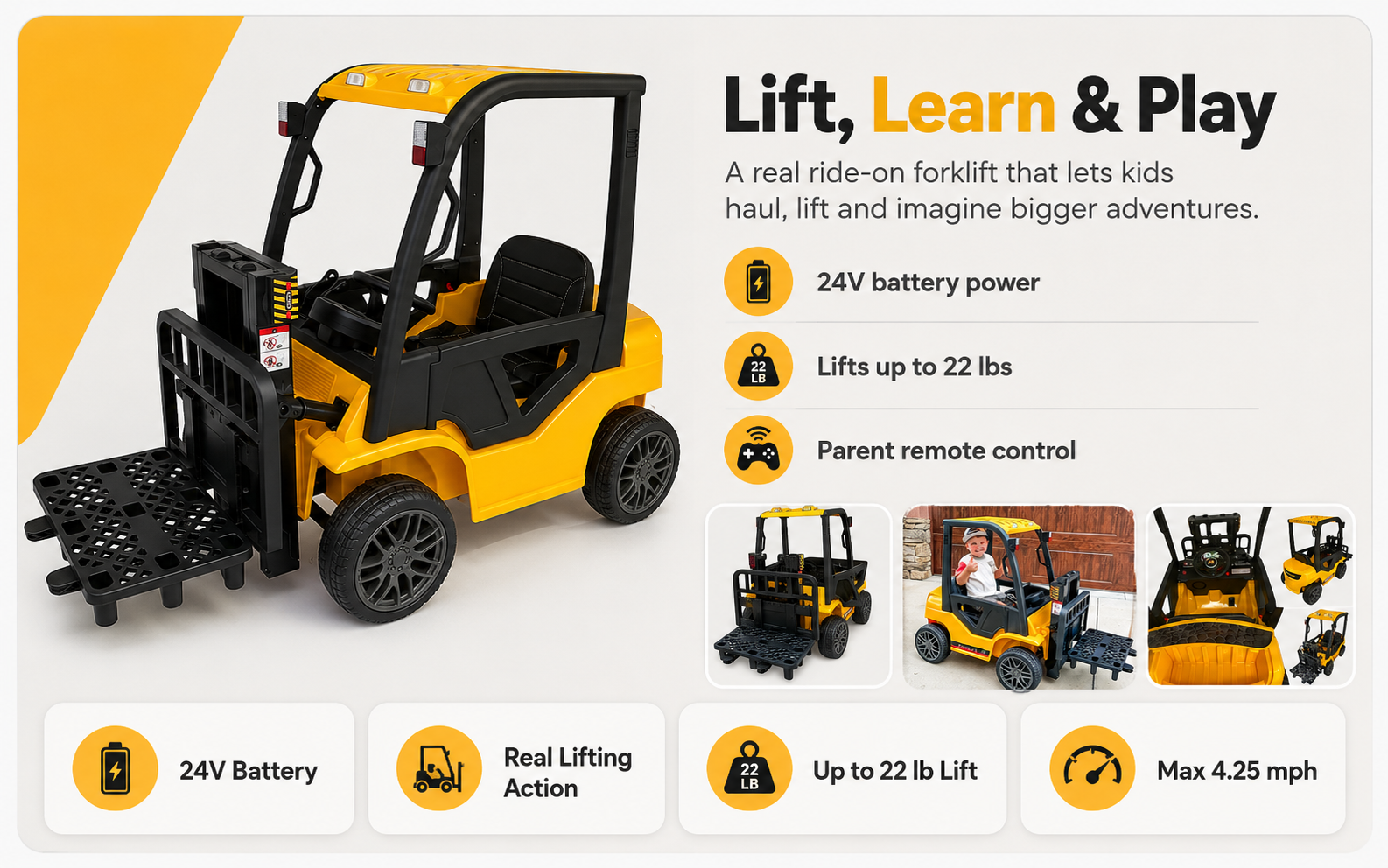 child enjoying a yellow ride on forklift