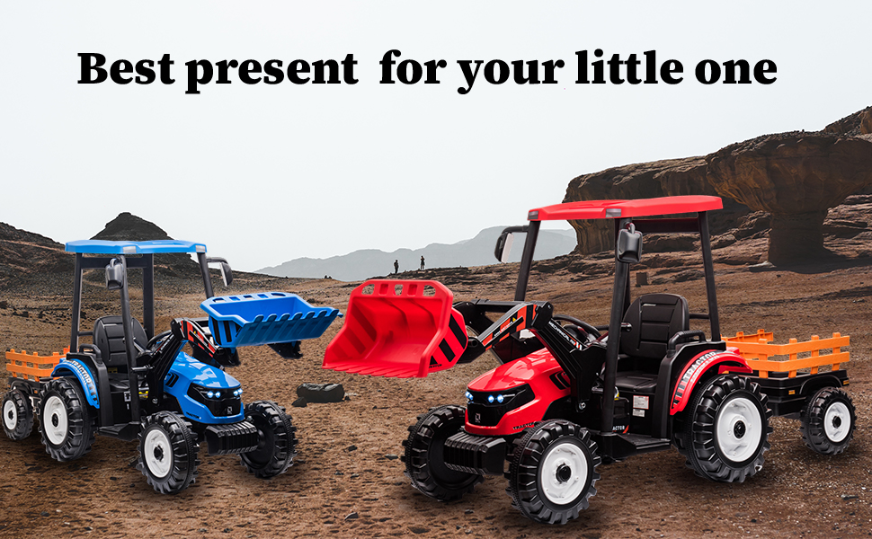 24V Kids Riding Tractor with Trailer&amp;amp;amp;Front Loader blue red