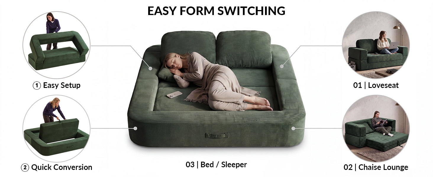 Seamless 3-in-1 folding design lets you easily switch from loveseat to bed in seconds without tools.