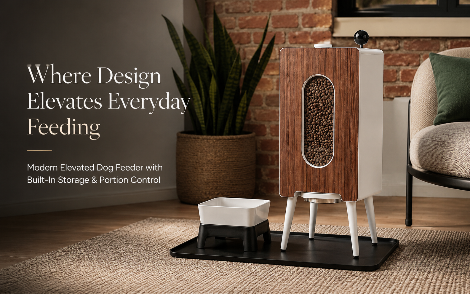 Modern elevated dog feeder with built in storage