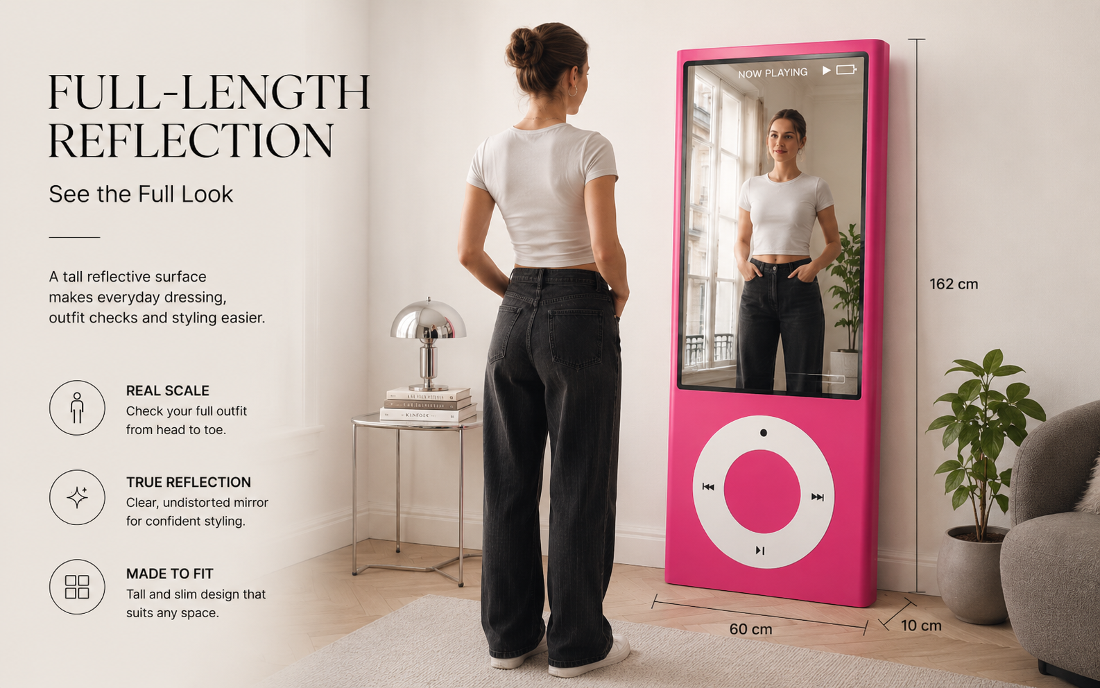 Retro player full-length mirror in a modern European apartment