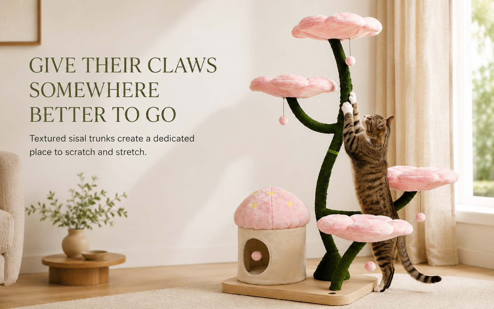 Cat scratching textured green sisal trunk