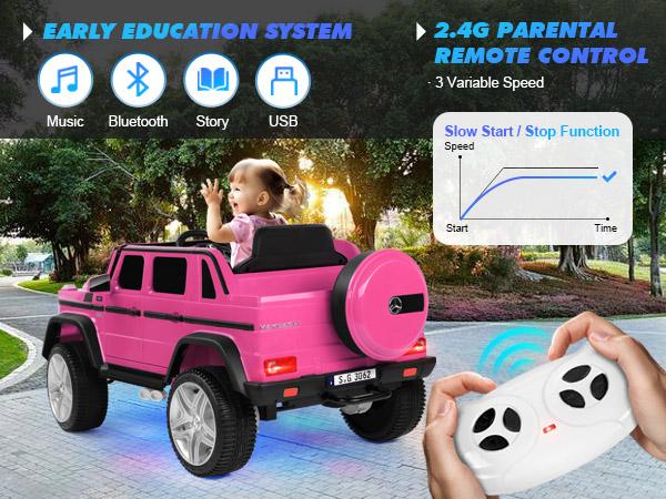 Ride On Cars 12V7AH Battery Powered Toy Electric Car for Kids with 2.4GHz Remote Control 2 Motors 3 Speeds Lock Music Horn LED Lights Pink
