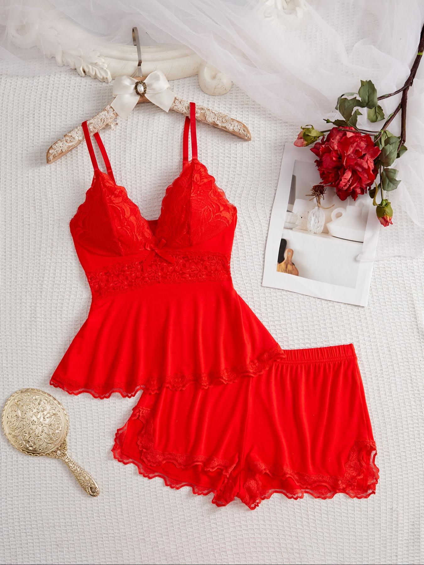 Women's Plain Lace Patchwork Bow Decor Aesthetic Cami Top & Shorts PJ Set, Adjustable Spaghetti Strap Camisole & Elastic Waist Shorts, Ladies Sleepwear for All Seasons