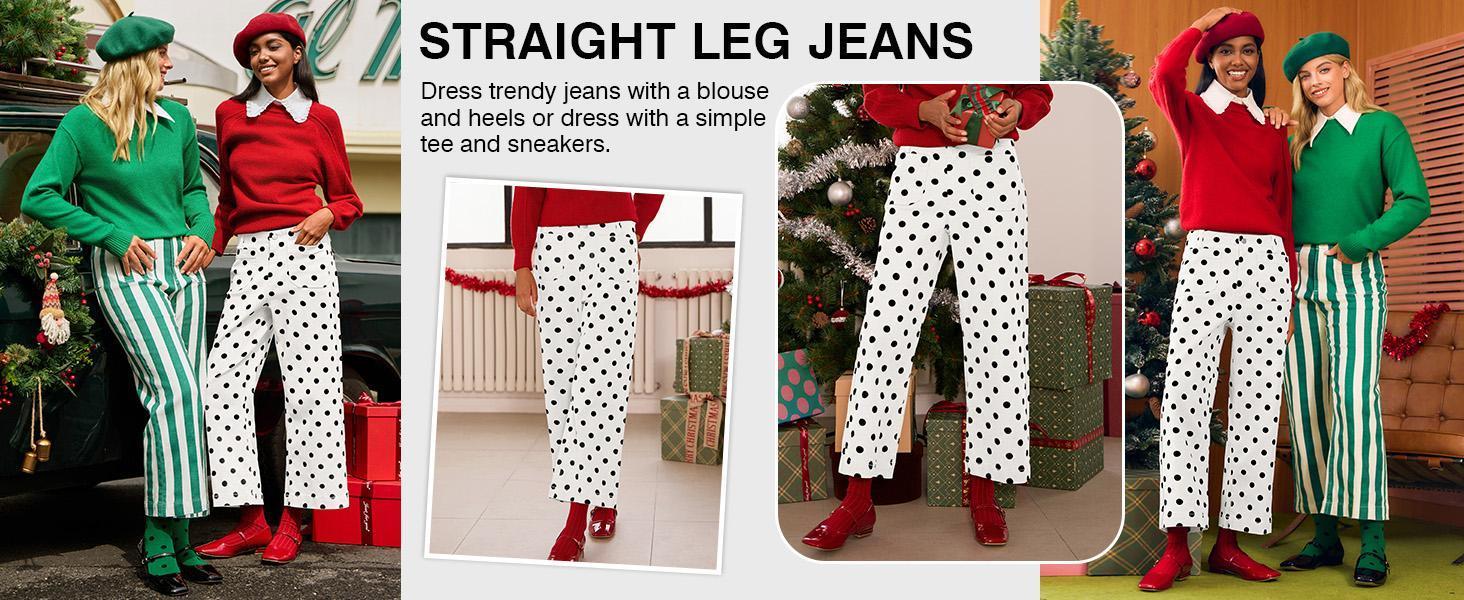 Cicy Bell Womens Cropped Striped Jeans Casual High Waisted Stretchy Polka Dots Straight Leg Denim Pants with Pockets