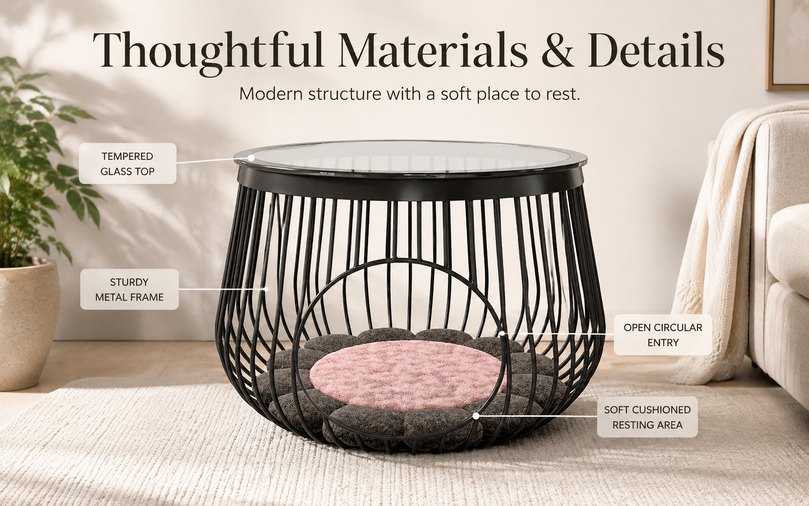 Pet nest side table in a modern European living room