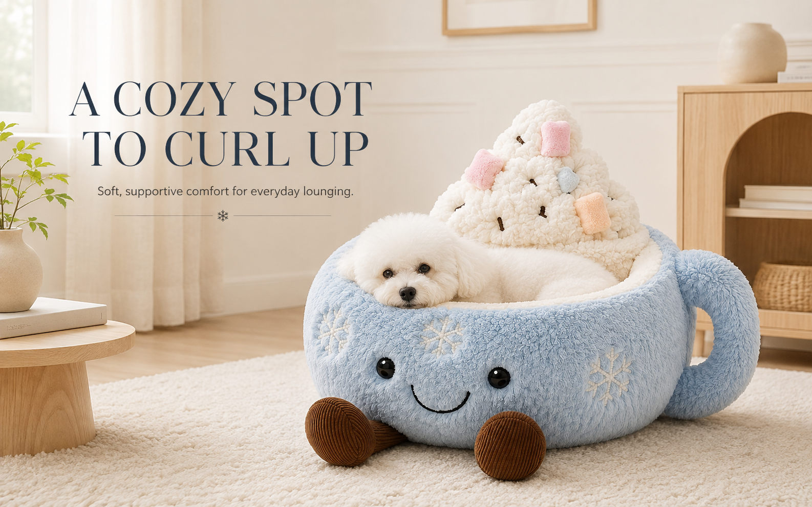 Dog curled up comfortably inside plush pet bed