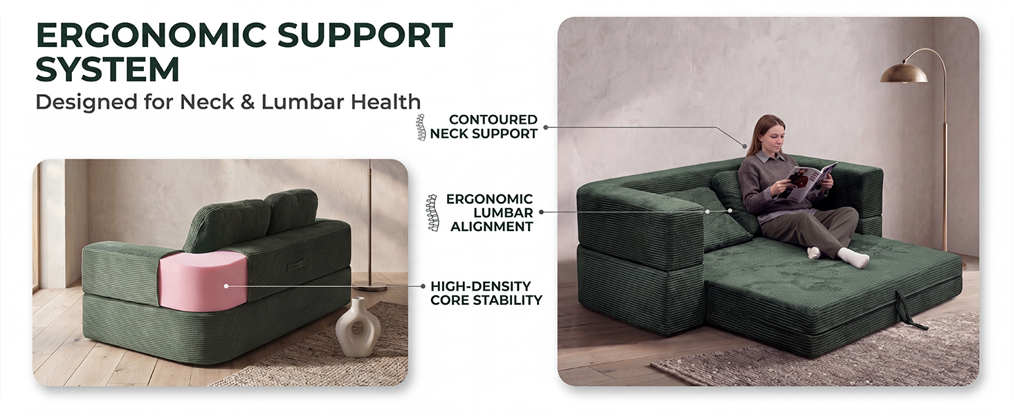 High-density all-foam core structure showing ergonomic neck and lumbar support.