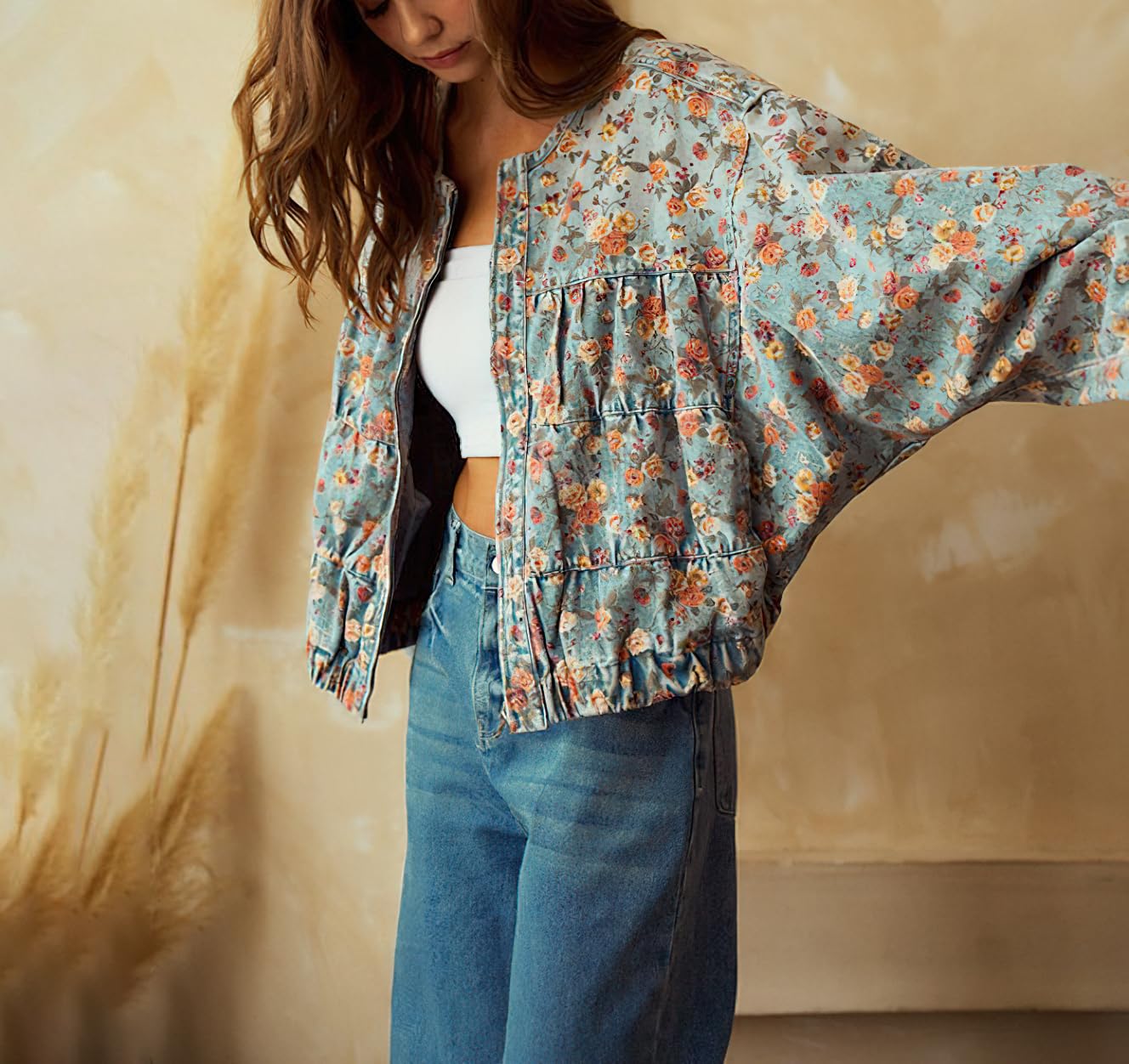 Chouyatou Women's Spring & Autumn Floral Denim Jacket Y2K Casual Loose Short Coat with Pockets,back to school,back to school shopping