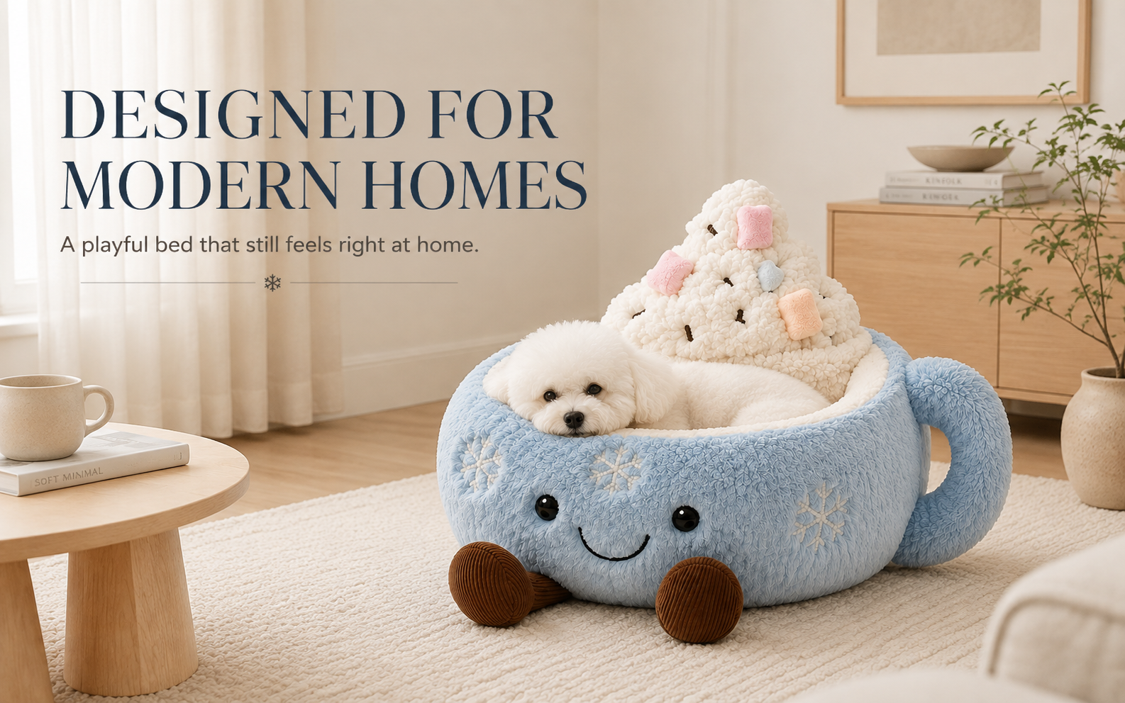 Plush cup pet bed in a modern European home