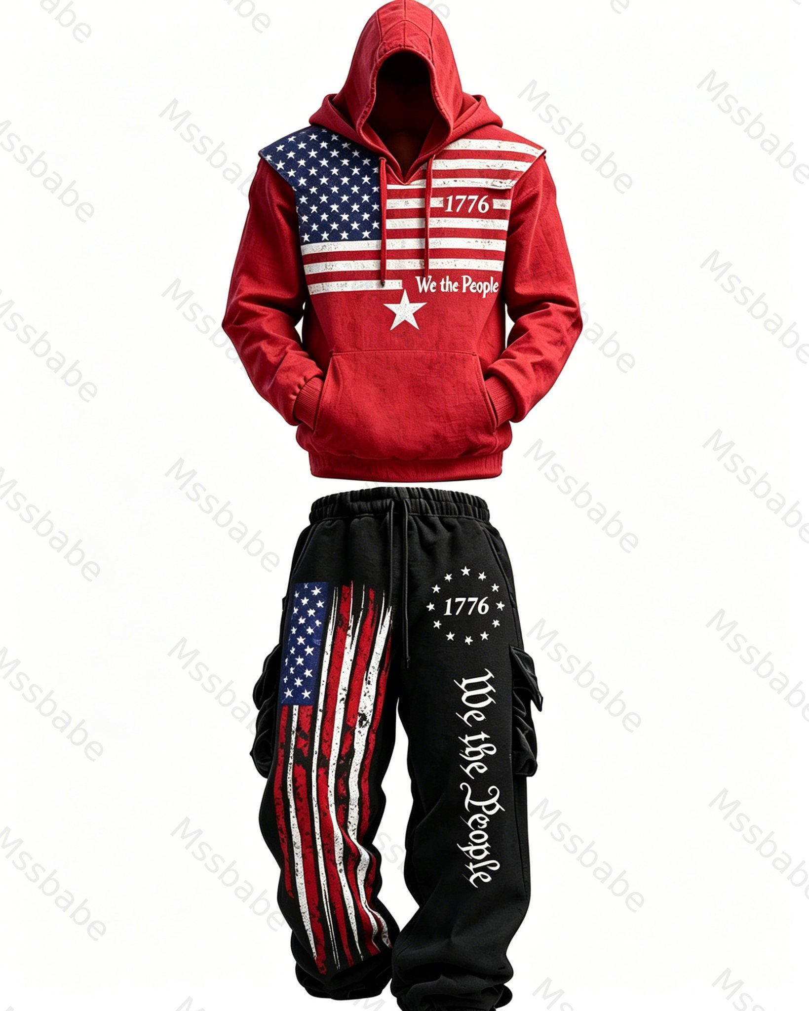 Men's Independence Day Linen Hoodie and Pants Two-Piece Set7846