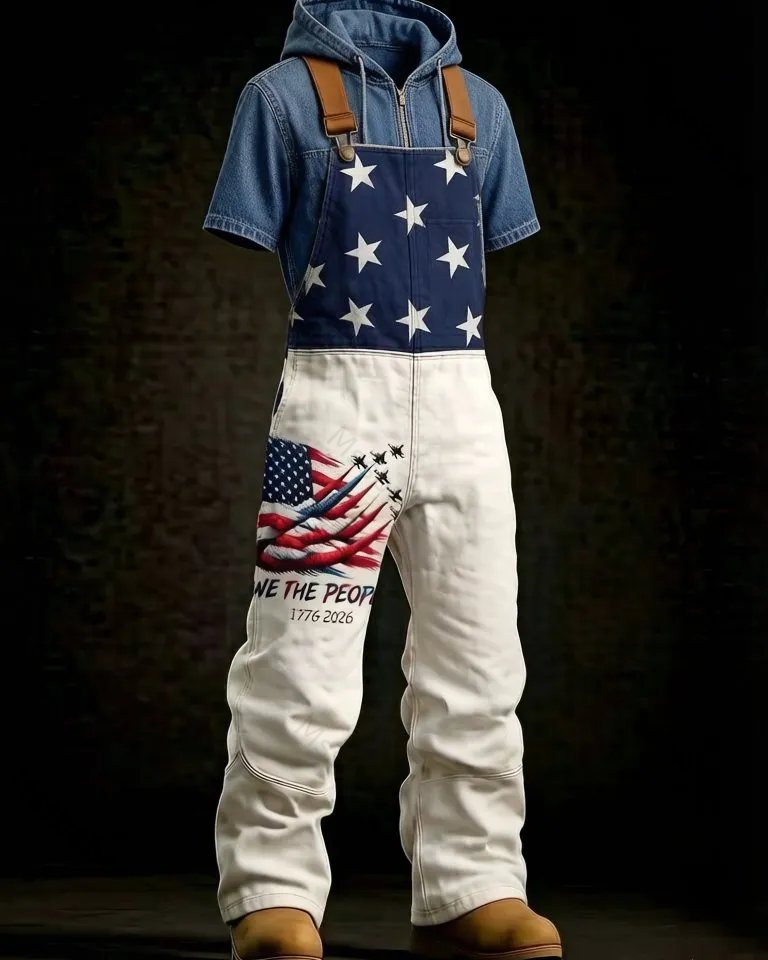 Summer Outdoor Fashion: 250th Independence Day Commemorative-Themed Printed Denim Overalls and Short-Sleeve Hooded Jacket Two-Piece Set 1912