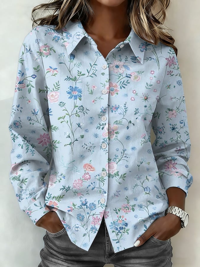 Women's Retro Floral Print Casual Collared Shirt
