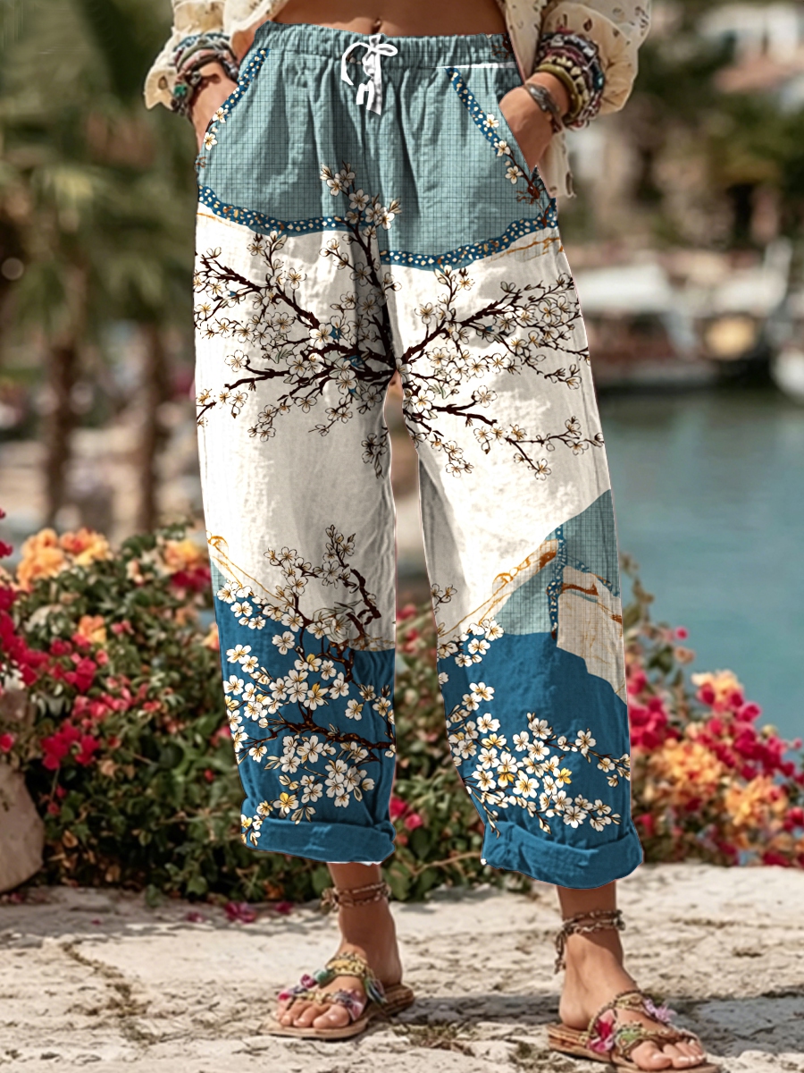 Women's Floral  Linen Blend Casual Pants