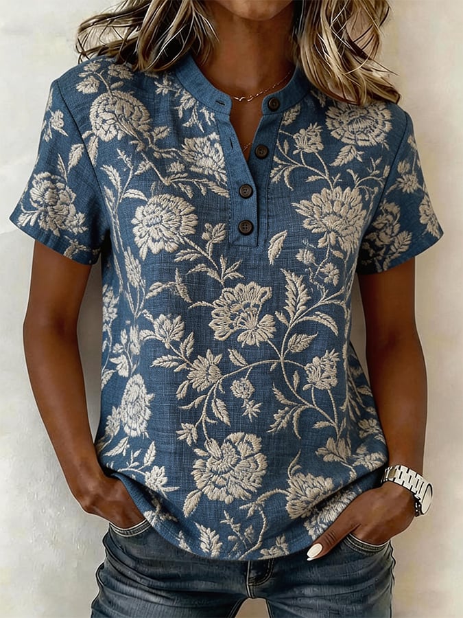 Women's Casual V-neck Printed Short-sleeved Top